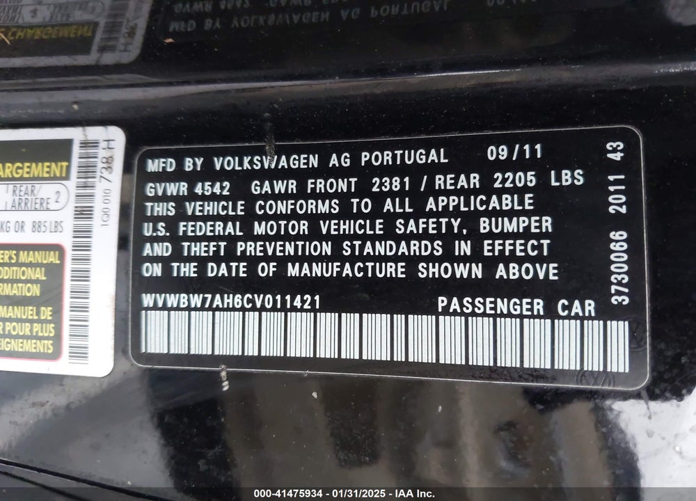 2012 VOLKSWAGEN EOS VIN: WVWBW7AH6CV011421