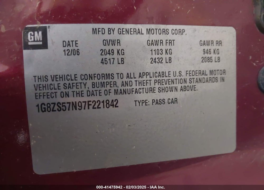 2007 SATURN AURA VIN: 1G8ZS57N97F221842