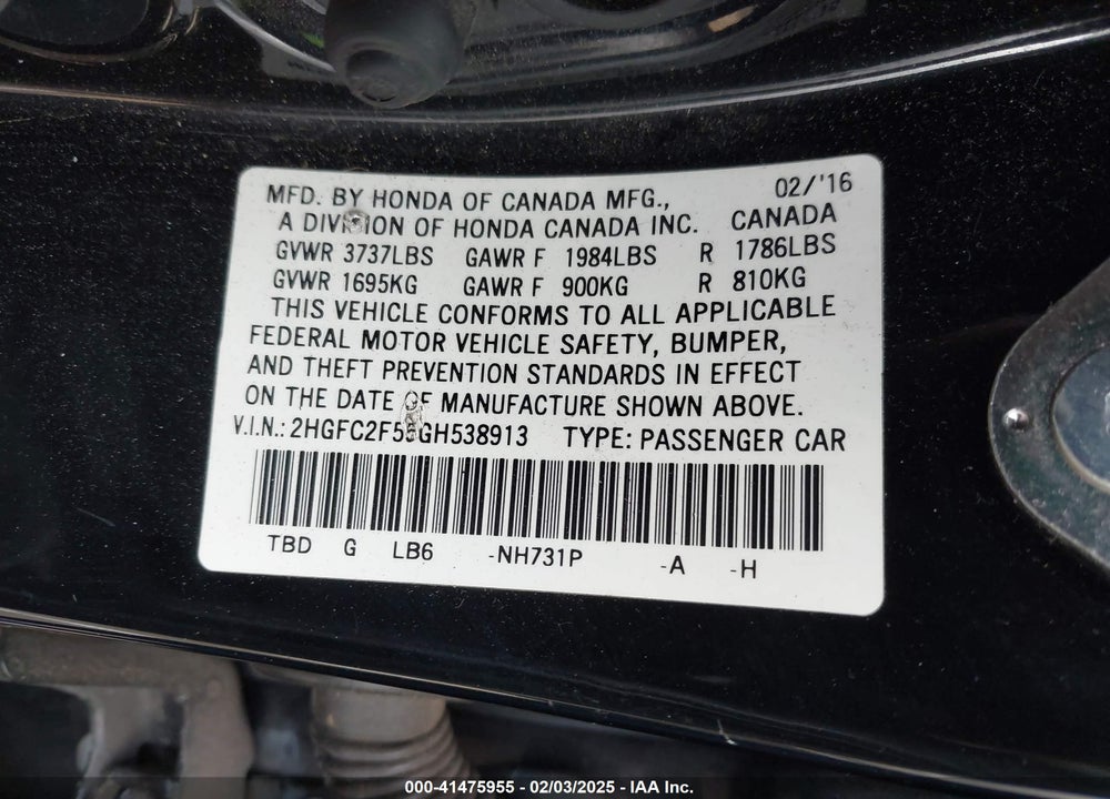 2016 HONDA CIVIC VIN: 2HGFC2F55GH538913