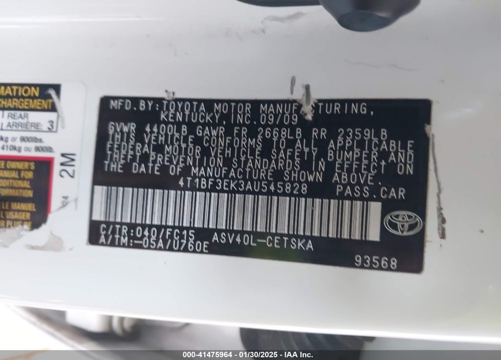 2010 TOYOTA CAMRY VIN: 4T1BF3EK3AU545828