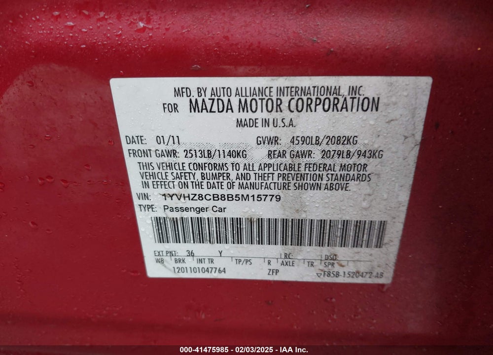 2011 MAZDA 6 S GRAND TOURING VIN: 1YVHZ8CB8B5M15779