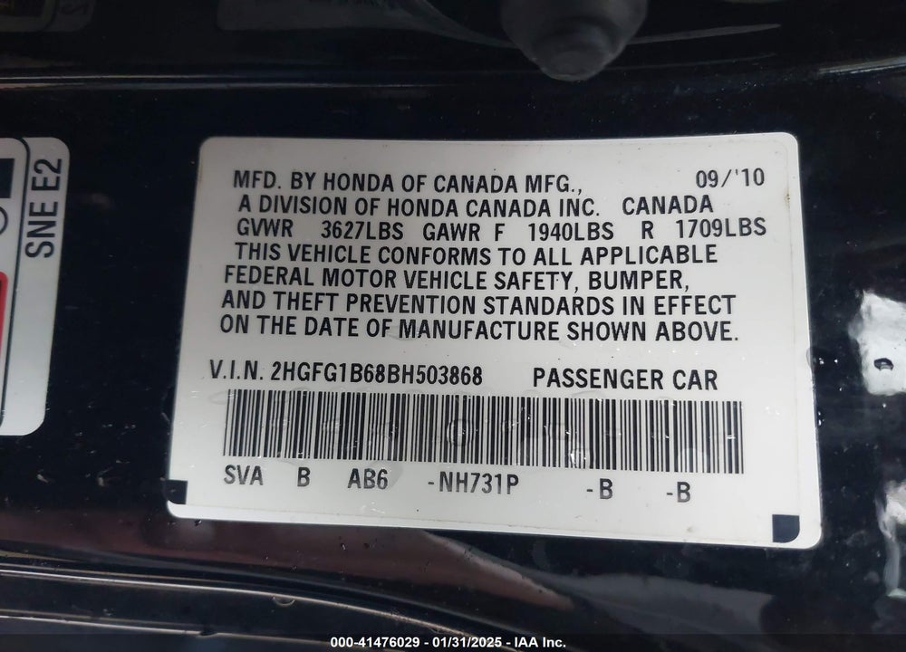 2011 HONDA CIVIC LX VIN: 2HGFG1B68BH503868