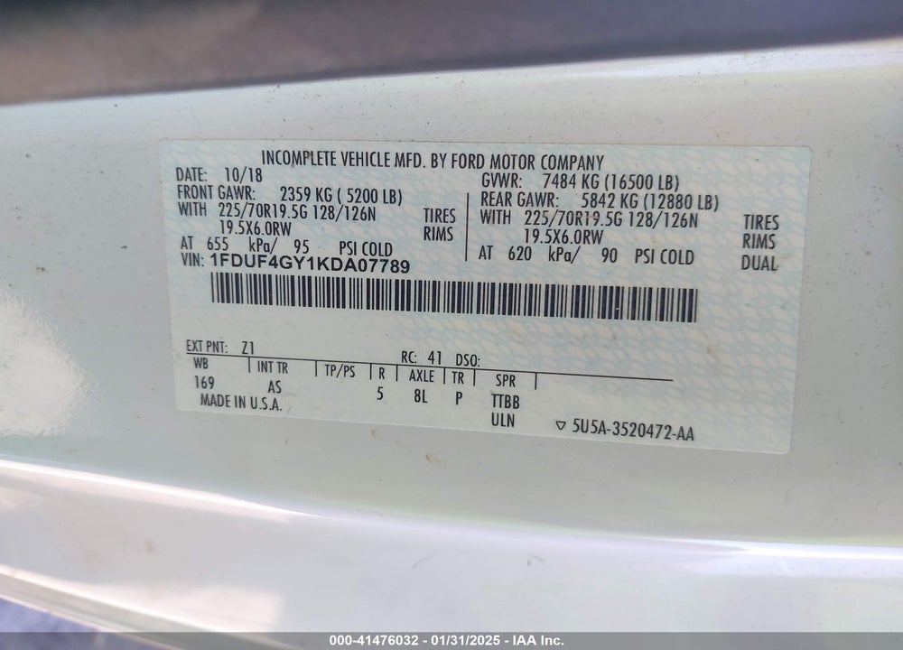 2019 FORD F-450 CHASSIS XL VIN: 1FDUF4GY1KDA07789