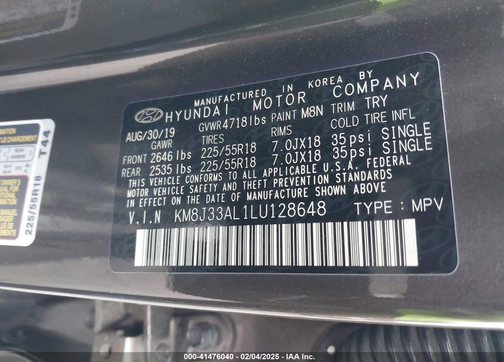 2020 HYUNDAI TUCSON LIMITED VIN: KM8J33AL1LU128648