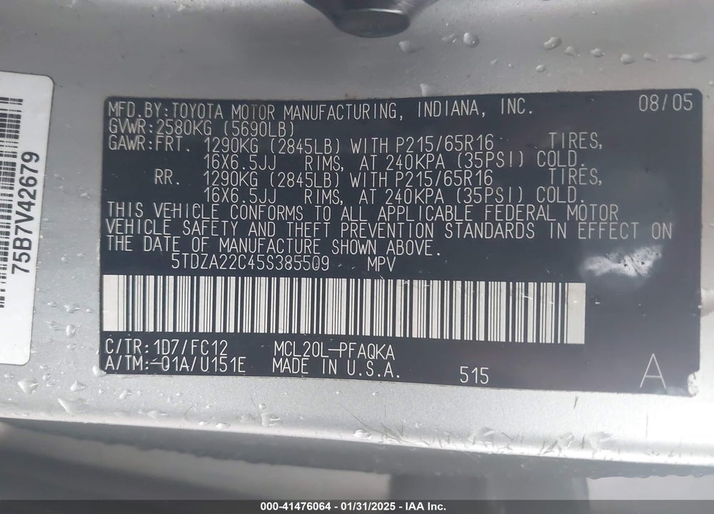 2005 TOYOTA SIENNA XLE VIN: 5TDZA22C45S385509