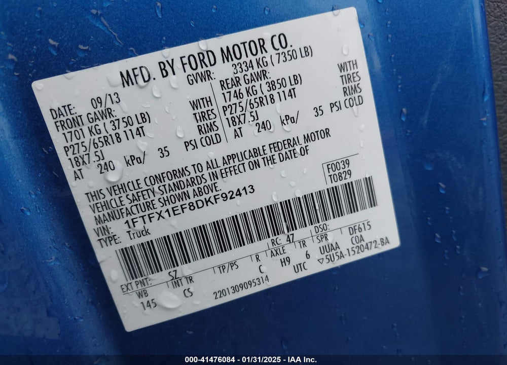 2013 FORD F-150 VIN: 1FTFX1EF8DKF92413