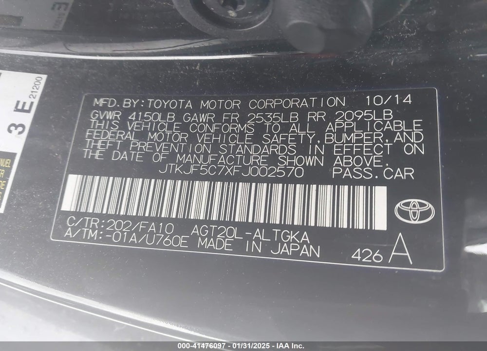 2015 SCION TC VIN: JTKJF5C7XFJ002570