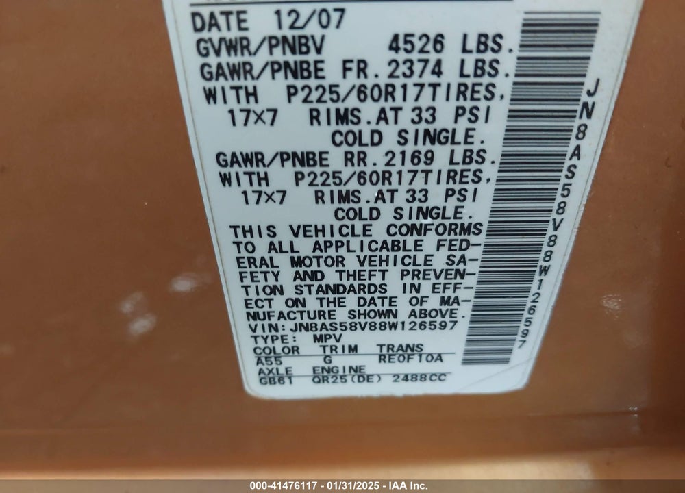 2008 NISSAN ROGUE SL VIN: JN8AS58V88W126597