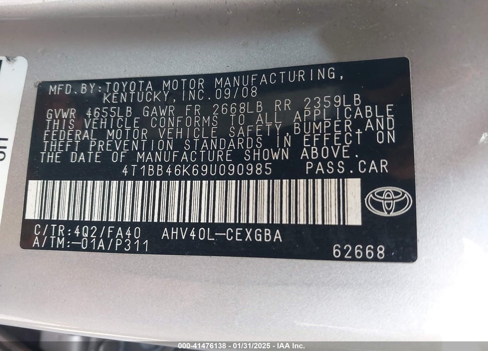 2009 TOYOTA CAMRY HYBRID VIN: 4T1BB46K69U090985