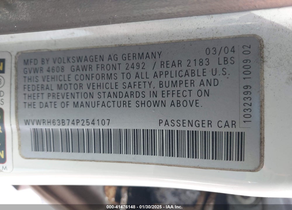 2004 VOLKSWAGEN PASSAT GLX VIN: WVWRH63B74P254107