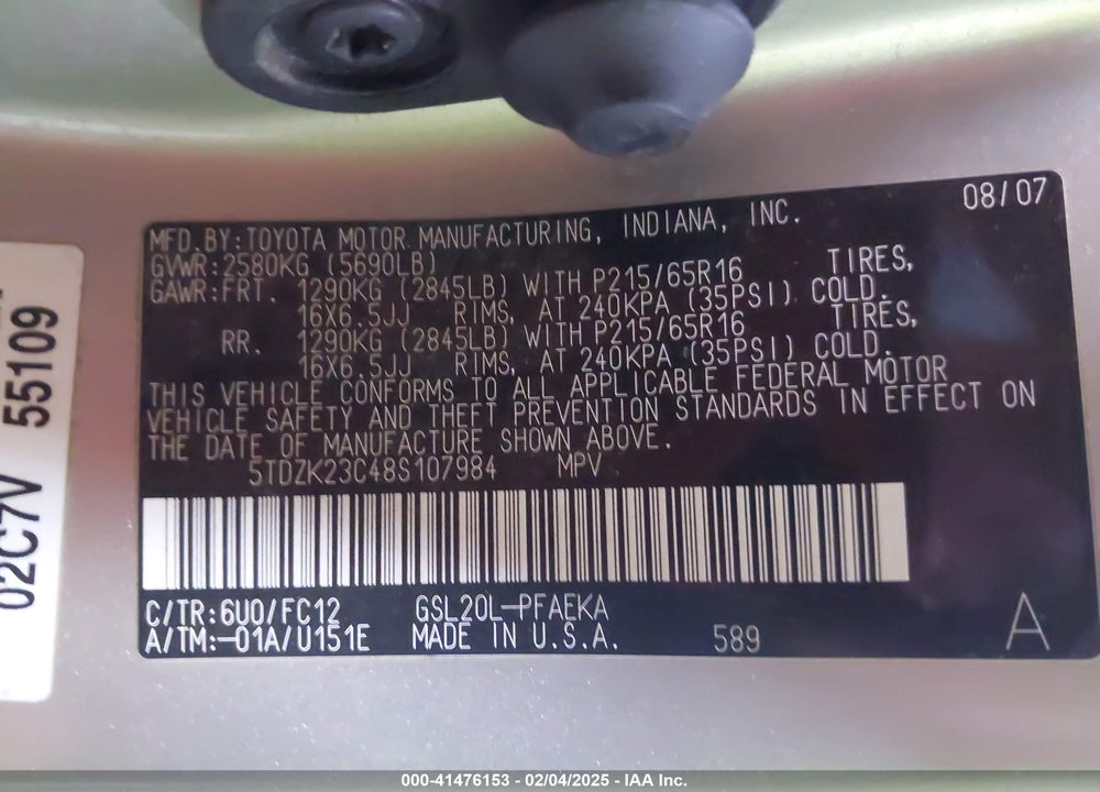 2008 TOYOTA SIENNA LE VIN: 5TDZK23C48S107984