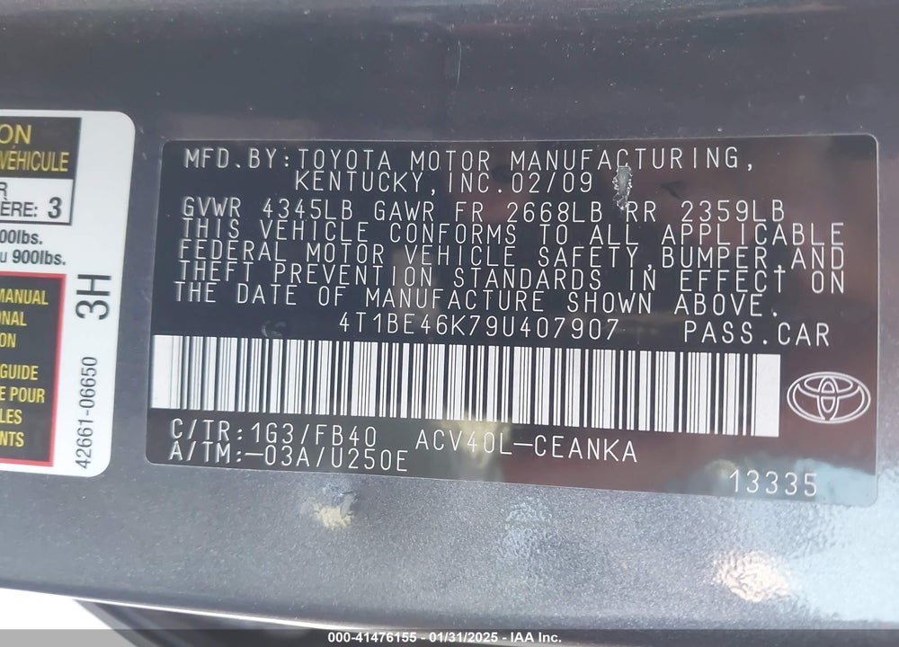 2009 TOYOTA CAMRY LE VIN: 4T1BE46K79U407907