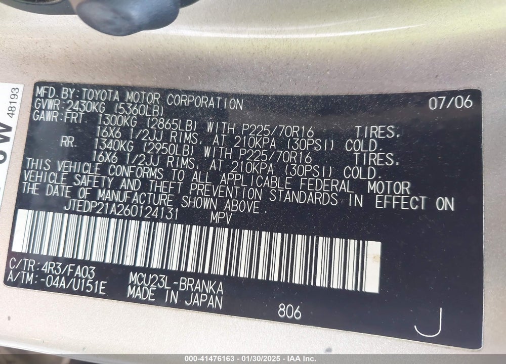 2006 TOYOTA HIGHLANDER V6 VIN: JTEDP21A260124131