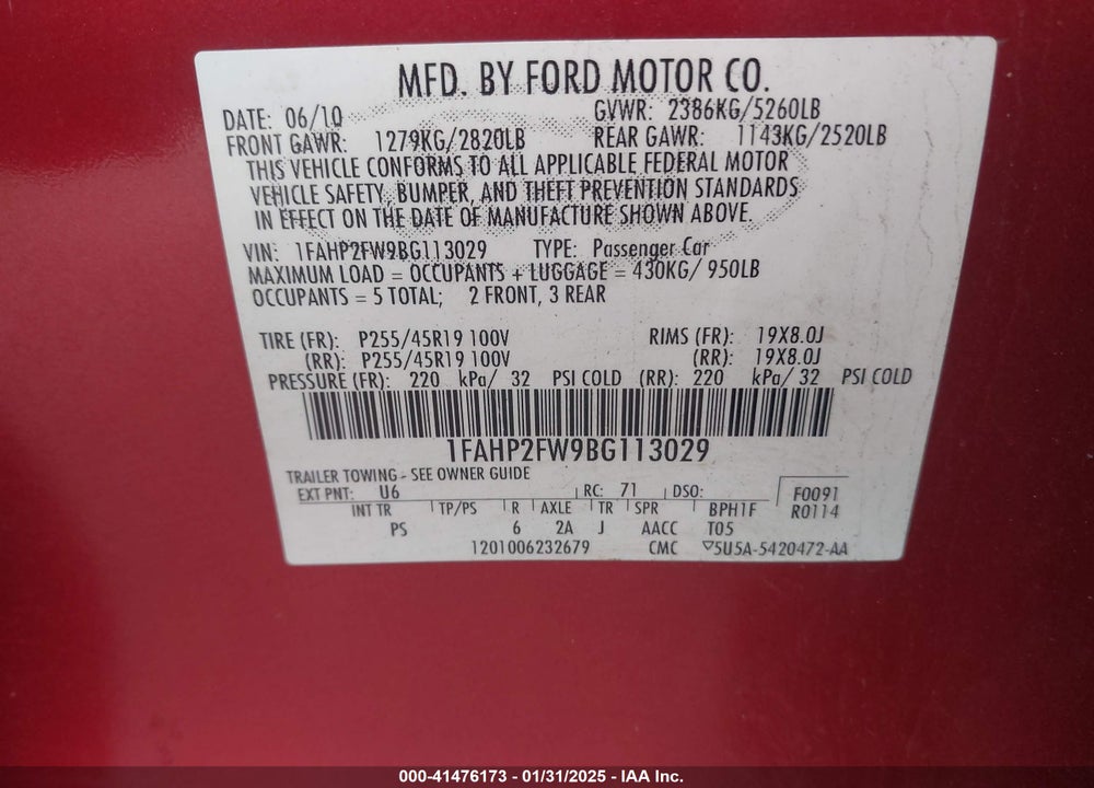 2011 FORD TAURUS LIMITED VIN: 1FAHP2FW9BG113029