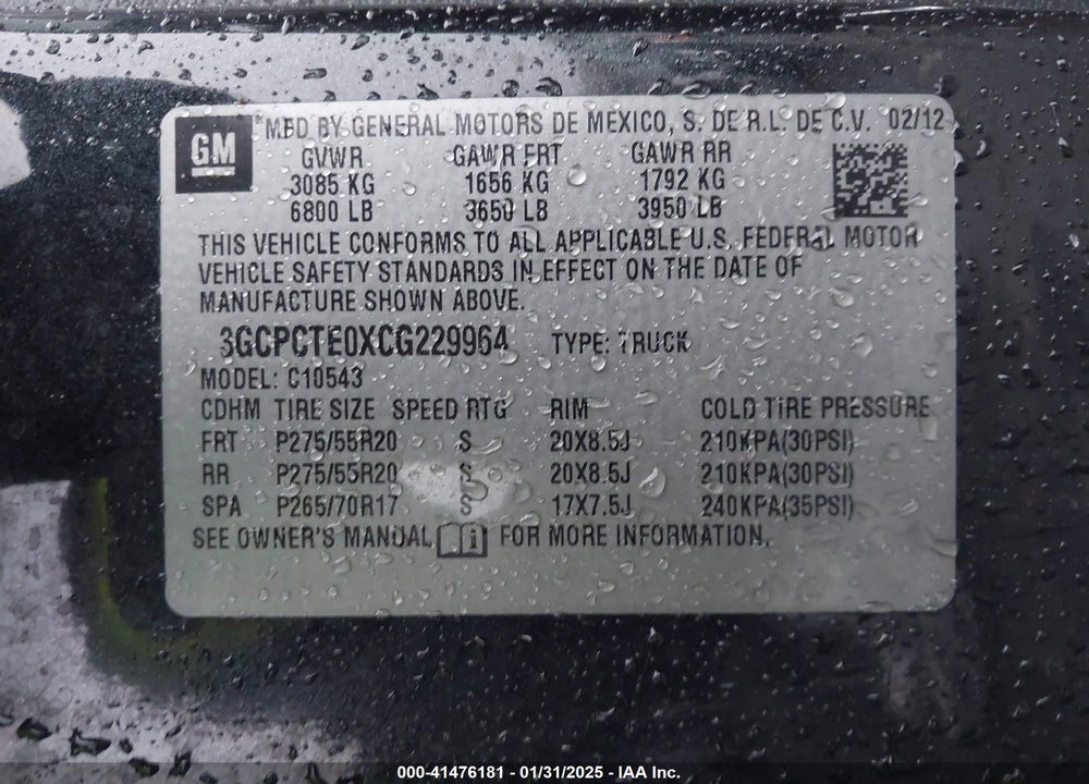 2012 CHEVROLET SILVERADO 1500 VIN: 3GCPCTE0XCG229964