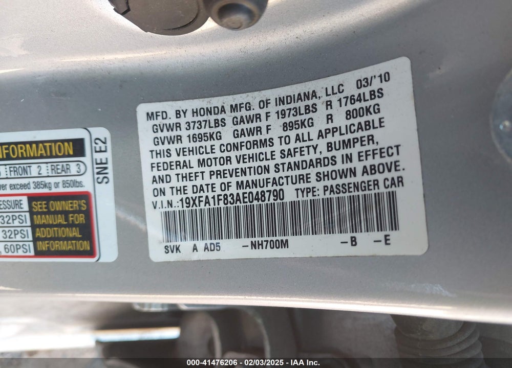 2010 HONDA CIVIC VIN: 19XFA1F83AE048790