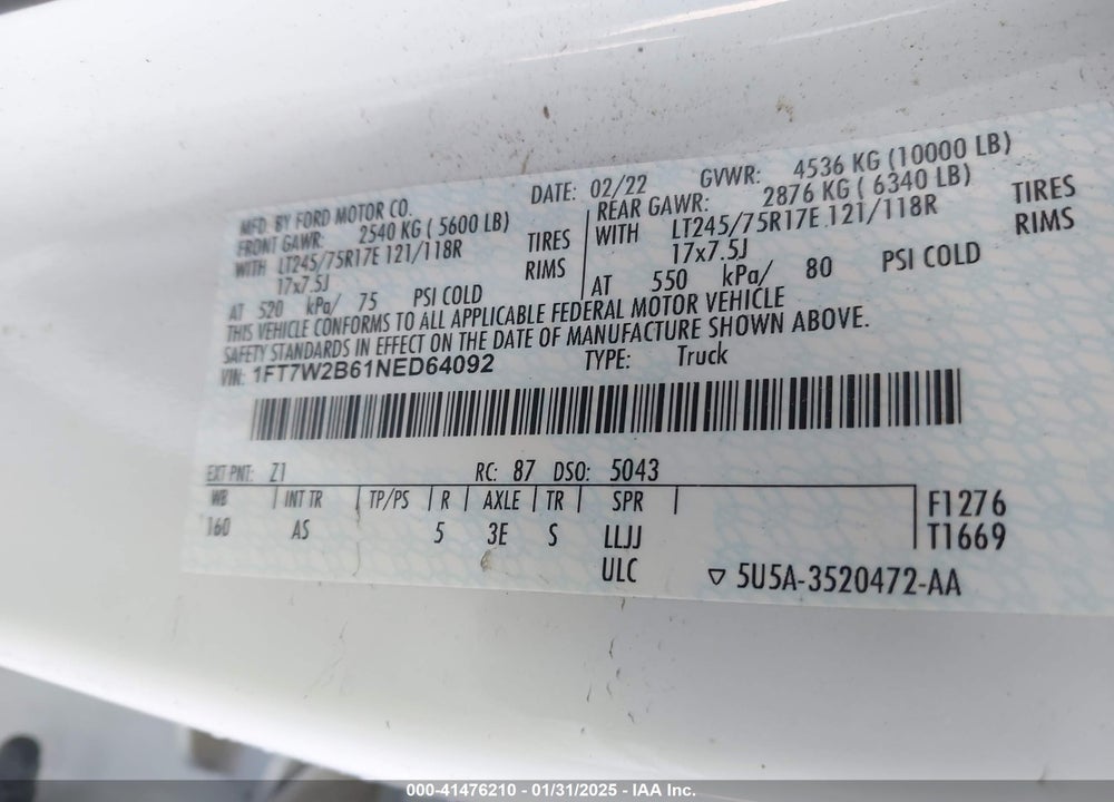 2022 FORD F-250 XL VIN: 1FT7W2B61NED64092
