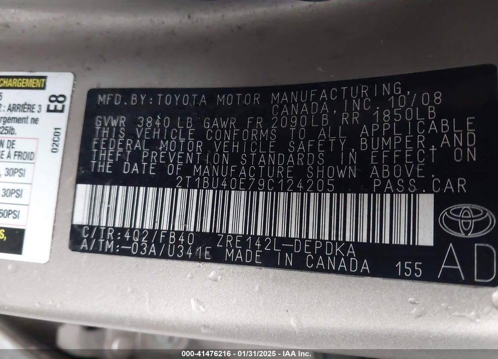 2009 TOYOTA COROLLA VIN: 2T1BU40E79C124205