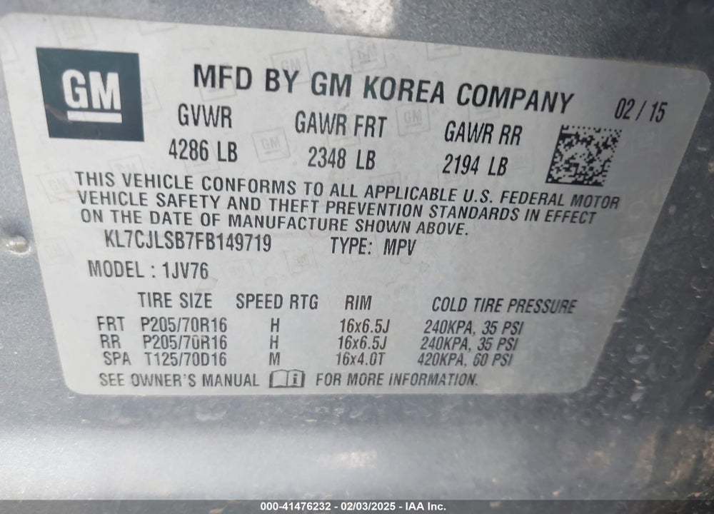 2015 CHEVROLET TRAX VIN: KL7CJLSB7FB149719