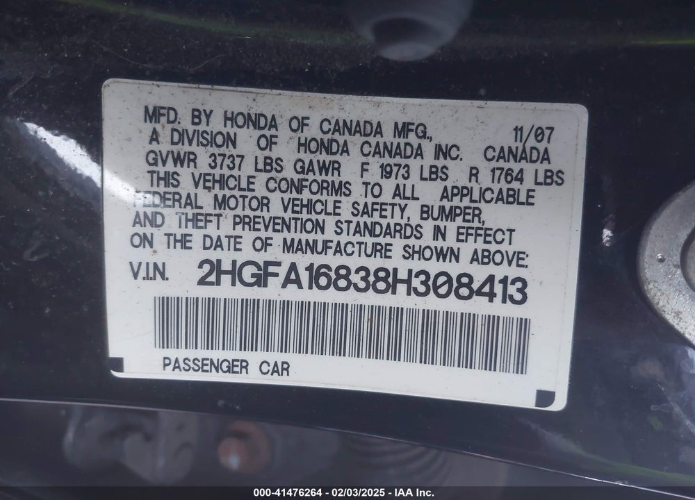 2008 HONDA CIVIC VIN: 2HGFA16838H308413