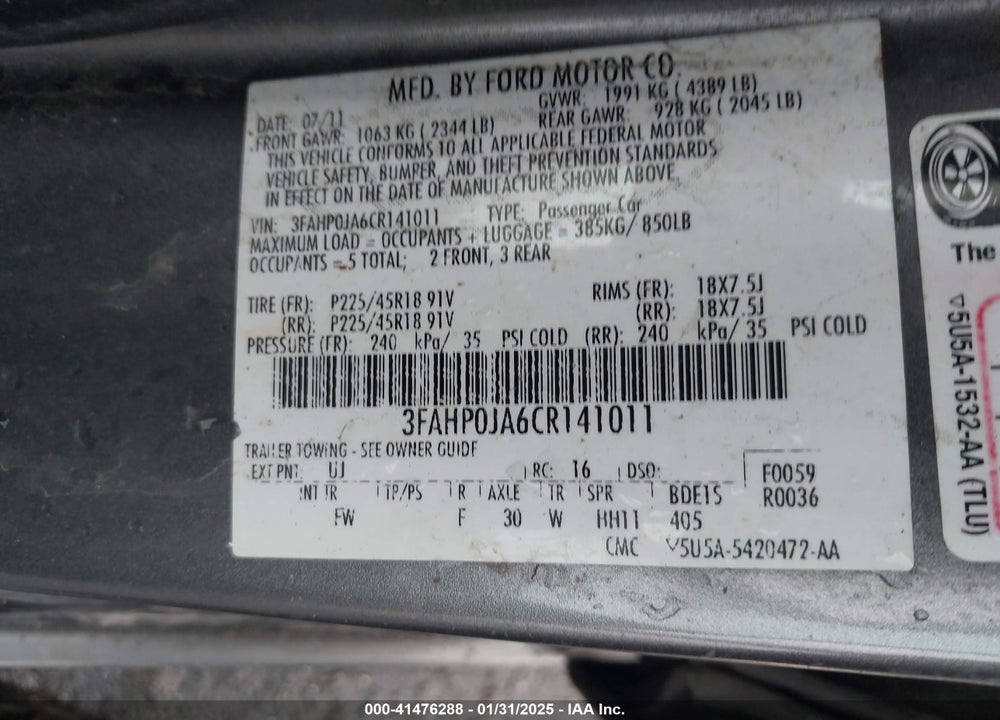2012 FORD FUSION SEL VIN: 3FAHP0JA6CR141011