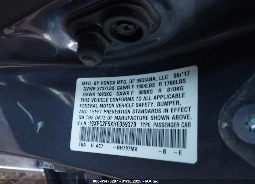 2017 HONDA CIVIC VIN: 19XFC2F5XHE059379