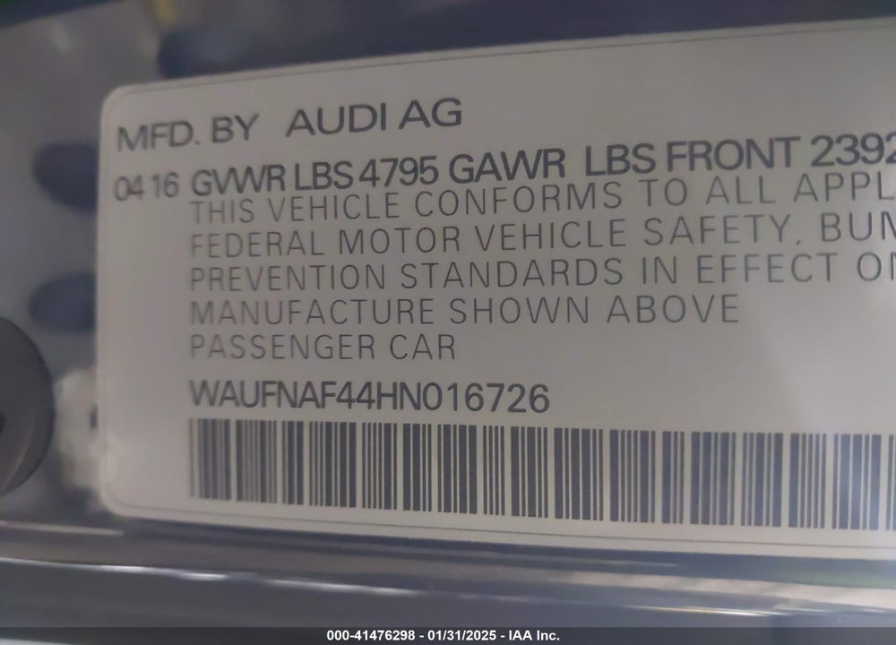 2017 AUDI A4 2.0T PREMIUM VIN: WAUFNAF44HN016726