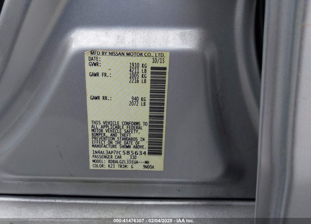 2015 NISSAN ALTIMA VIN: 1N4AL3AP7FC585634