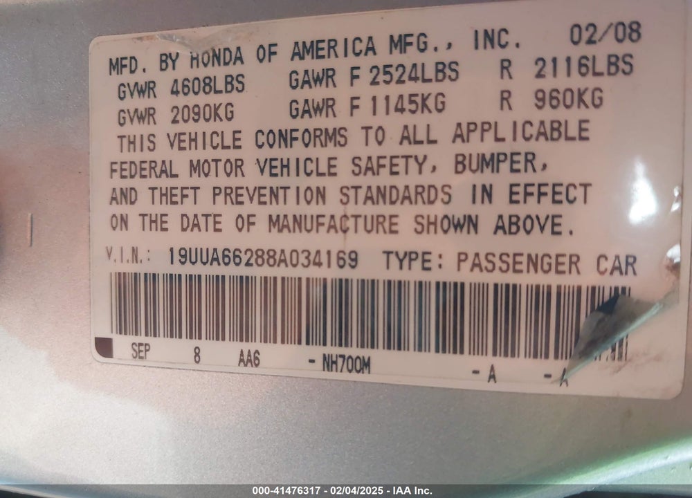 2008 ACURA TL 3.2 VIN: 19UUA66288A034169