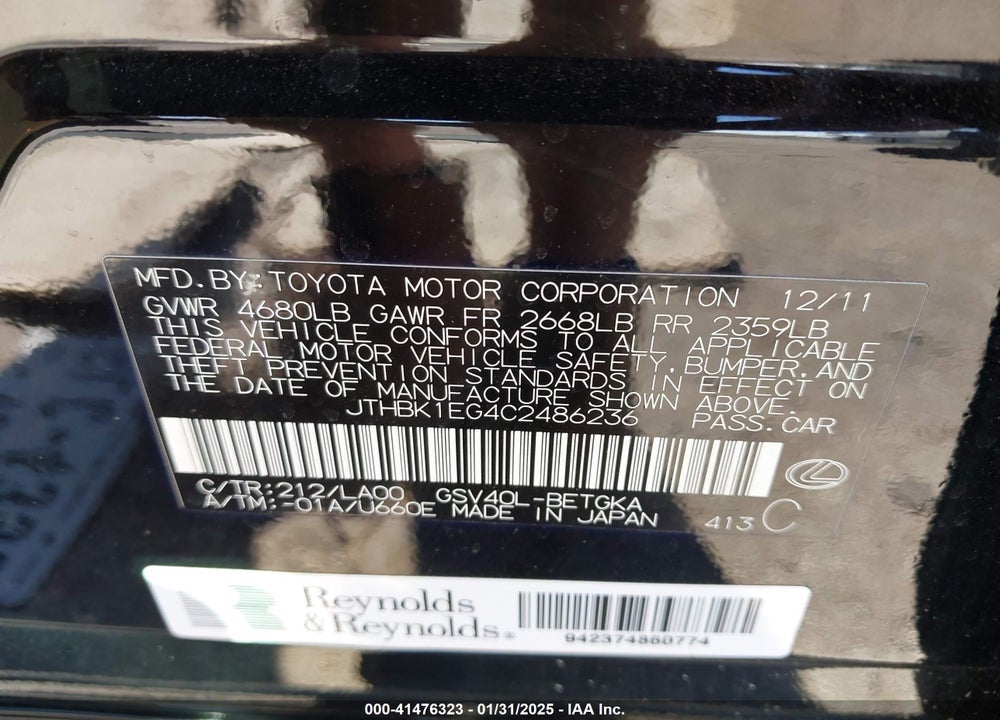 2012 LEXUS ES 350 VIN: JTHBK1EG4C2486236