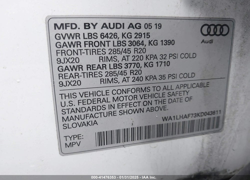 2019 AUDI Q7 45 PREMIUM VIN: WA1LHAF73KD043611