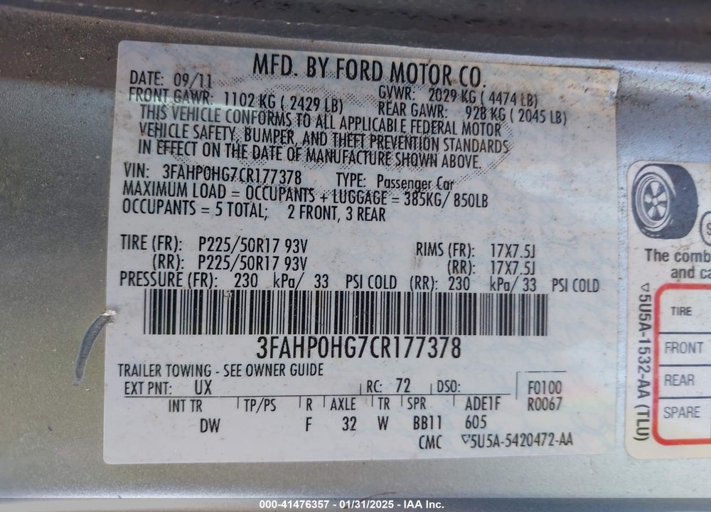 2012 FORD FUSION VIN: 3FAHP0HG7CR177378