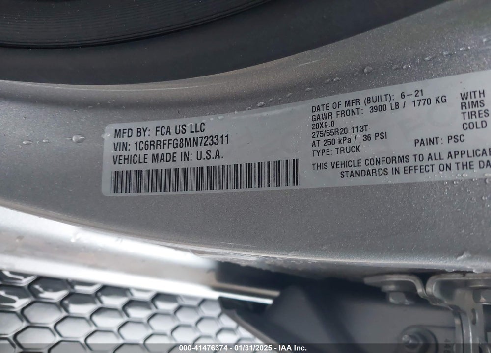 2021 RAM 1500 VIN: 1C6RRFFG8MN723311