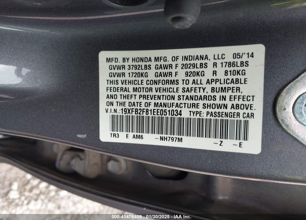 2014 HONDA CIVIC EX VIN: 19XFB2F81EE051034