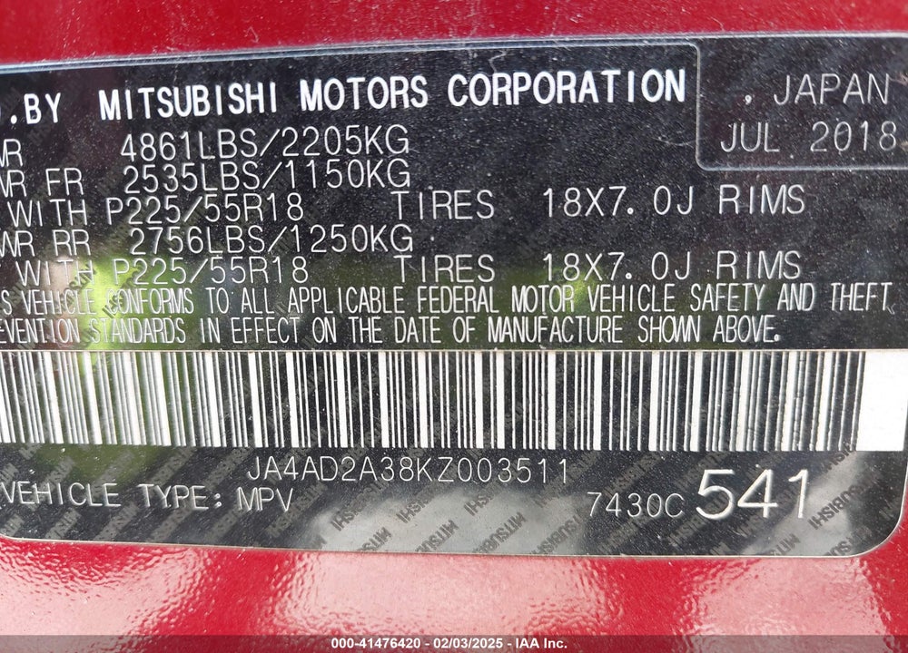 2019 MITSUBISHI OUTLANDER VIN: JA4AD2A38KZ003511