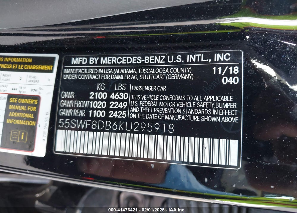 2019 MERCEDES-BENZ C 300 VIN: 55SWF8DB6KU295918