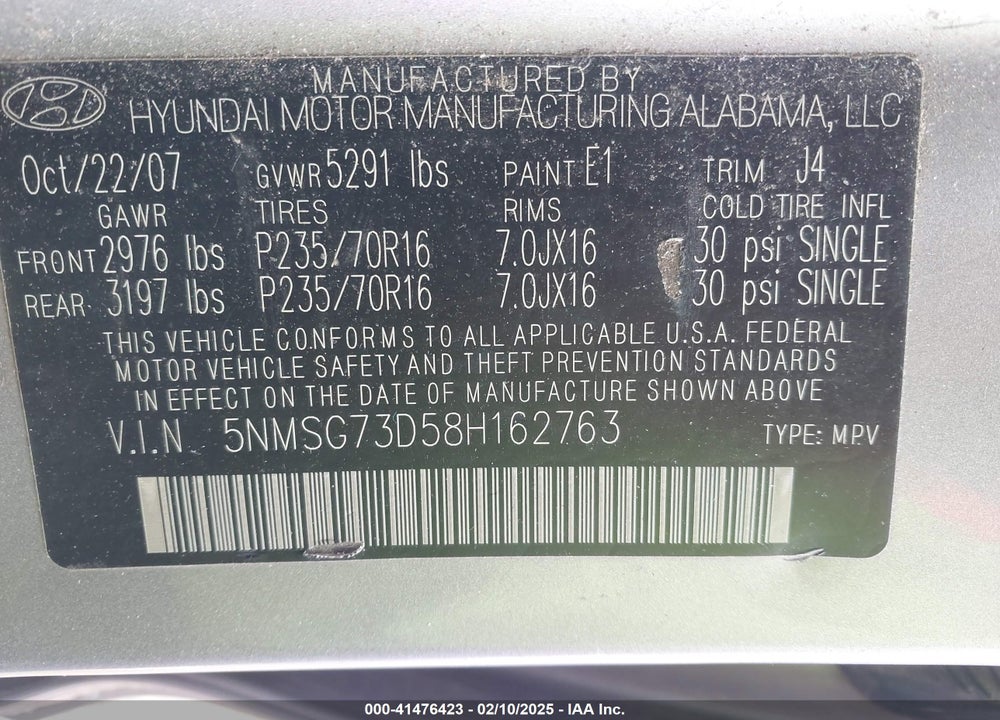 2008 HYUNDAI SANTA FE VIN: 5NMSG73D58H162763