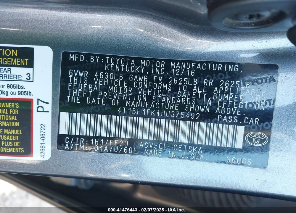 2017 TOYOTA CAMRY SE VIN: 4T1BF1FK4HU375492