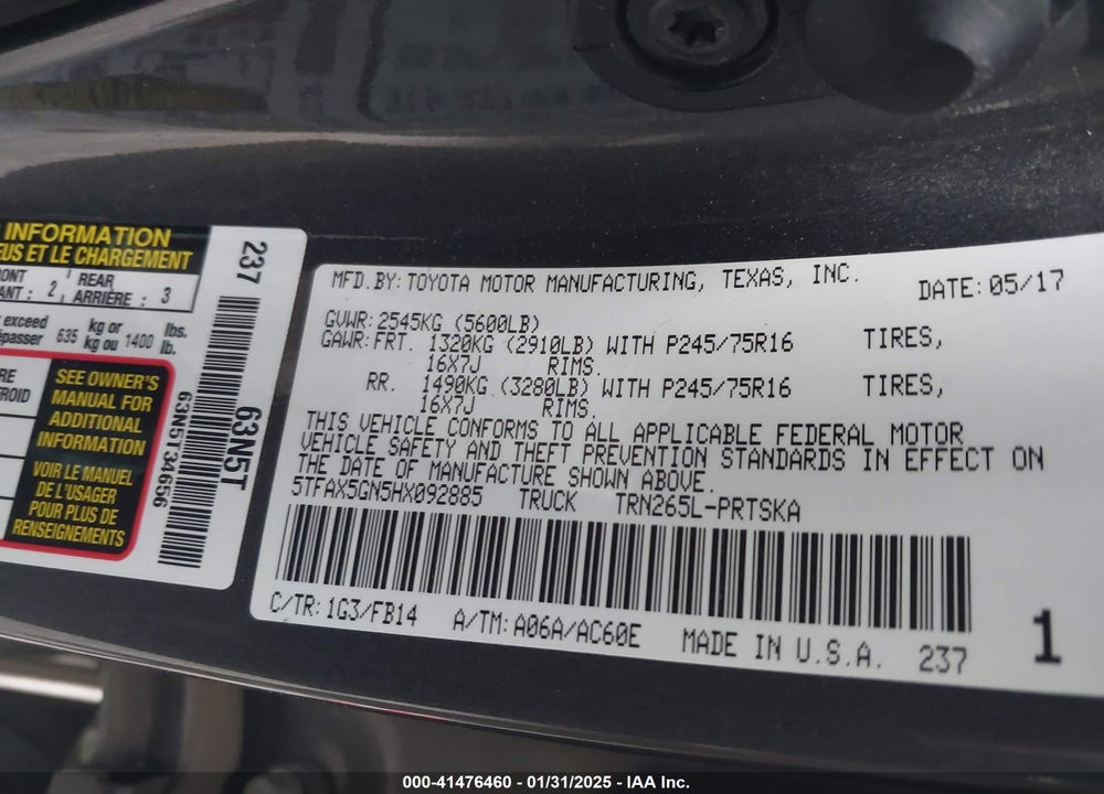 2017 TOYOTA TACOMA VIN: 5TFAX5GN5HX092885
