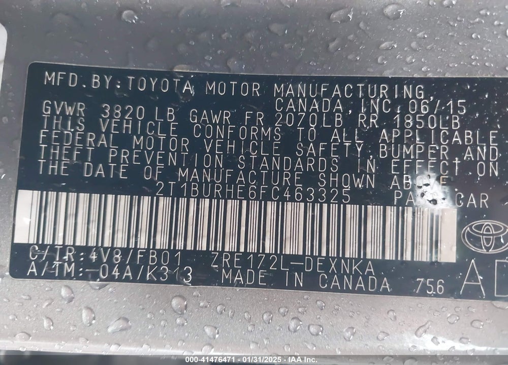 2015 TOYOTA COROLLA LE PLUS VIN: 2T1BURHE6FC463325