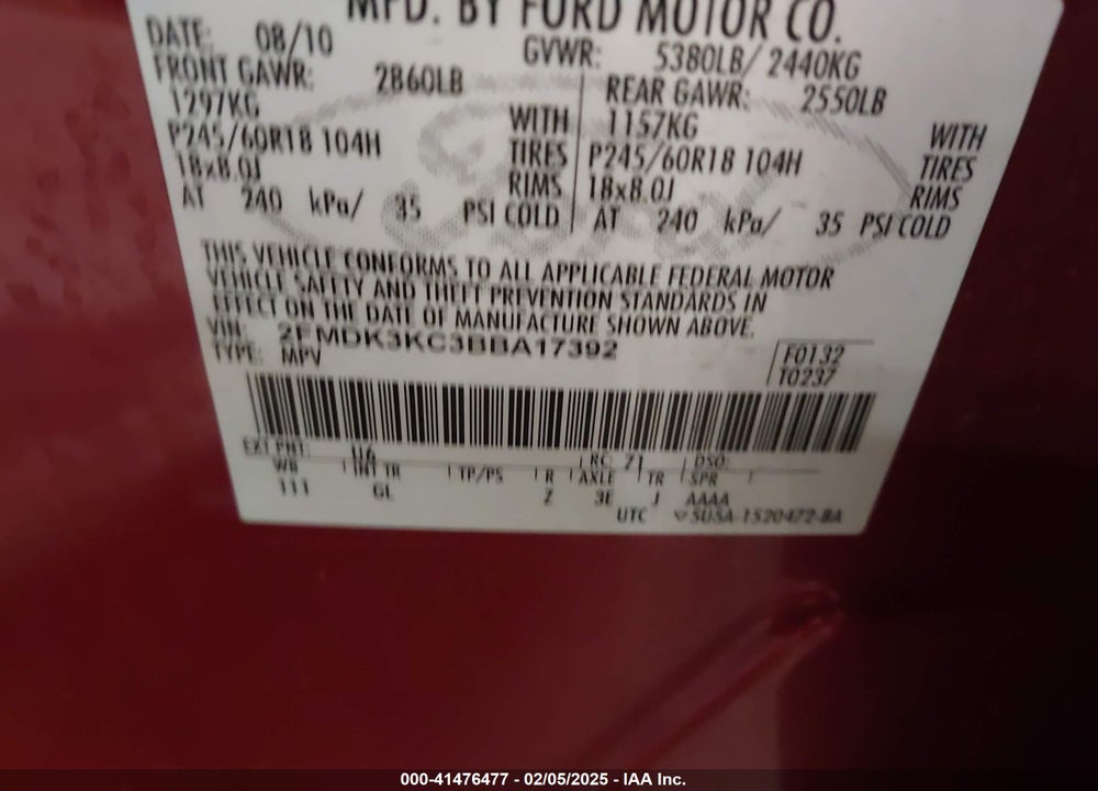 2011 FORD EDGE VIN: 2FMDK3KC3BBA17392