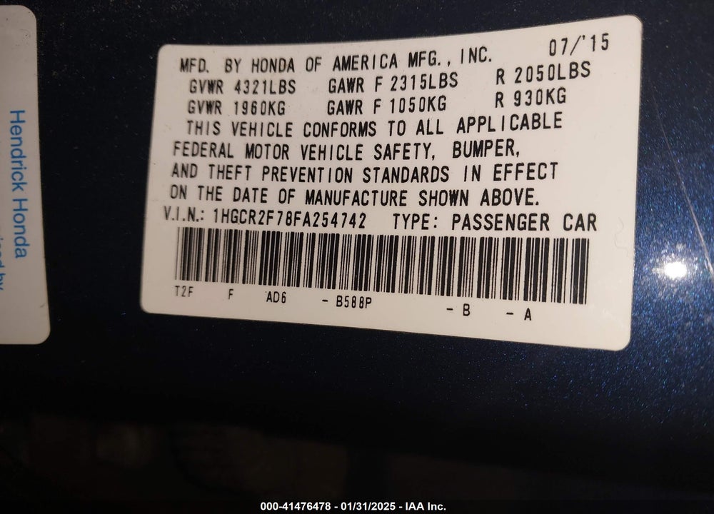 2015 HONDA ACCORD EX VIN: 1HGCR2F78FA254742