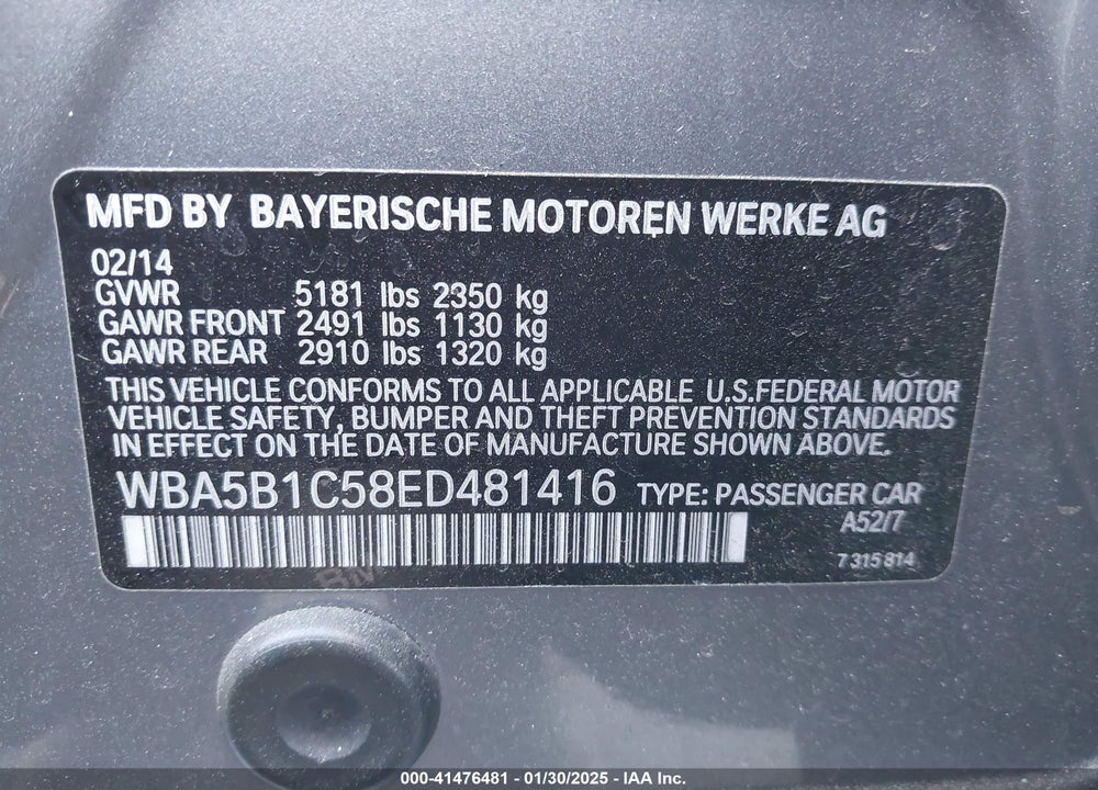 2014 BMW 535I VIN: WBA5B1C58ED481416