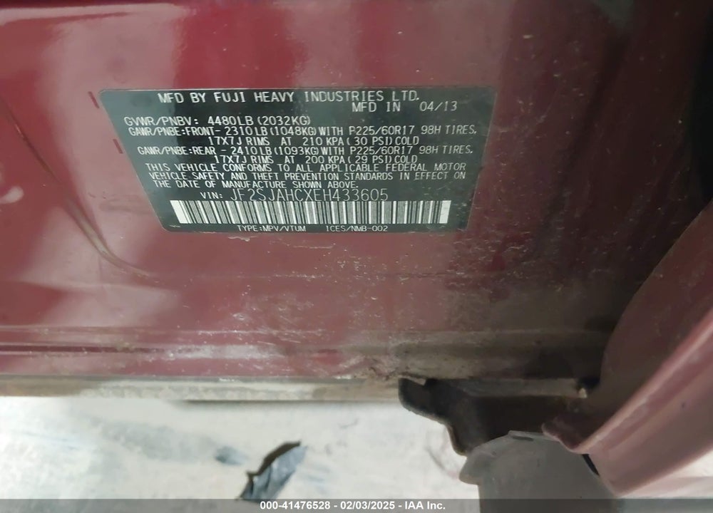 2014 SUBARU FORESTER VIN: JF2SJAHCXEH433605