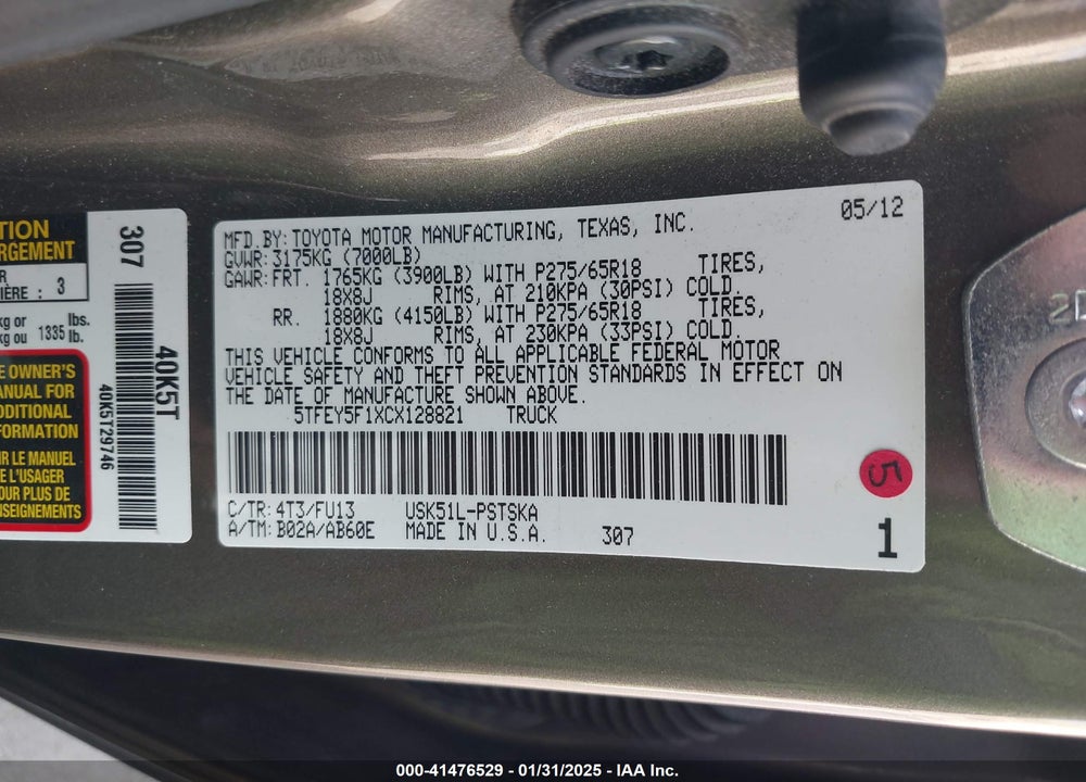 2012 TOYOTA TUNDRA VIN: 5TFEY5F1XCX128821