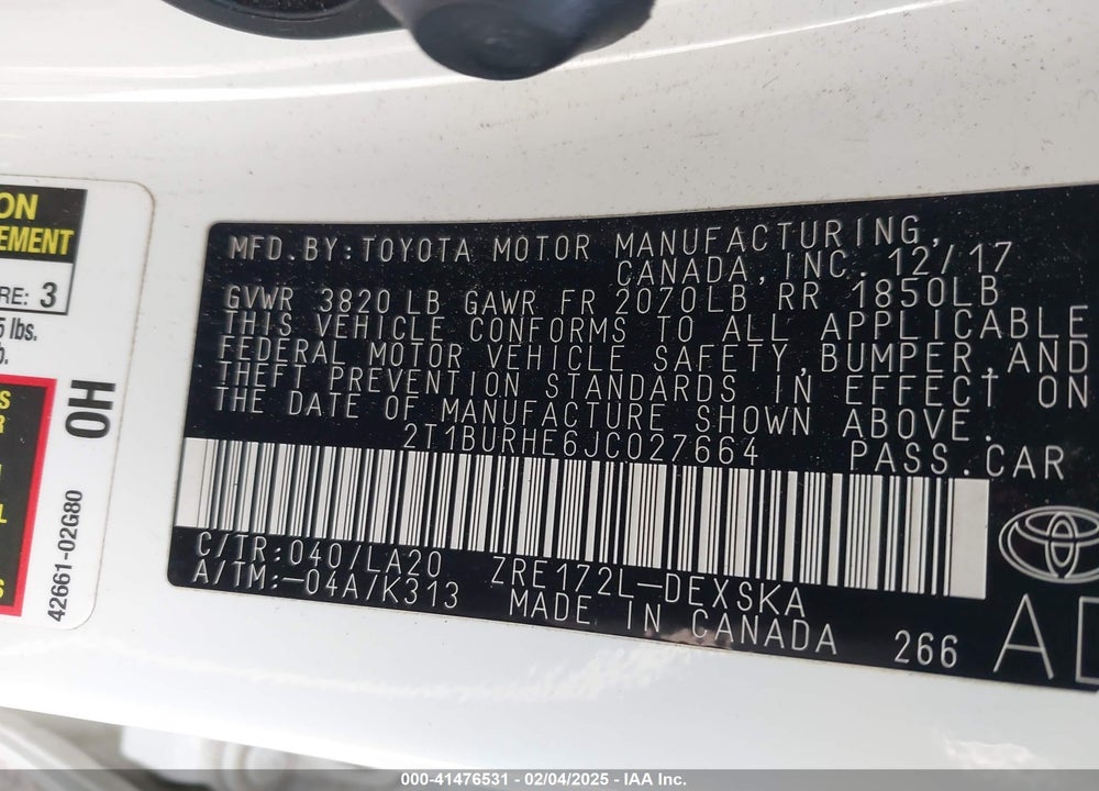 2018 TOYOTA COROLLA VIN: 2T1BURHE6JC027664