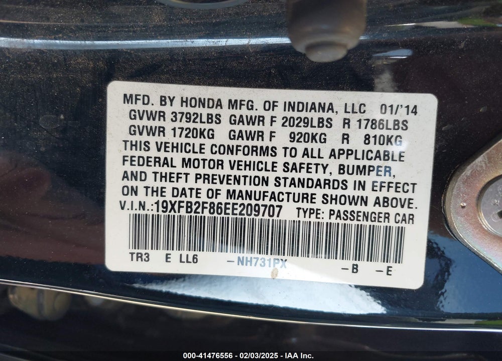 2014 HONDA CIVIC VIN: 19XFB2F86EE209707