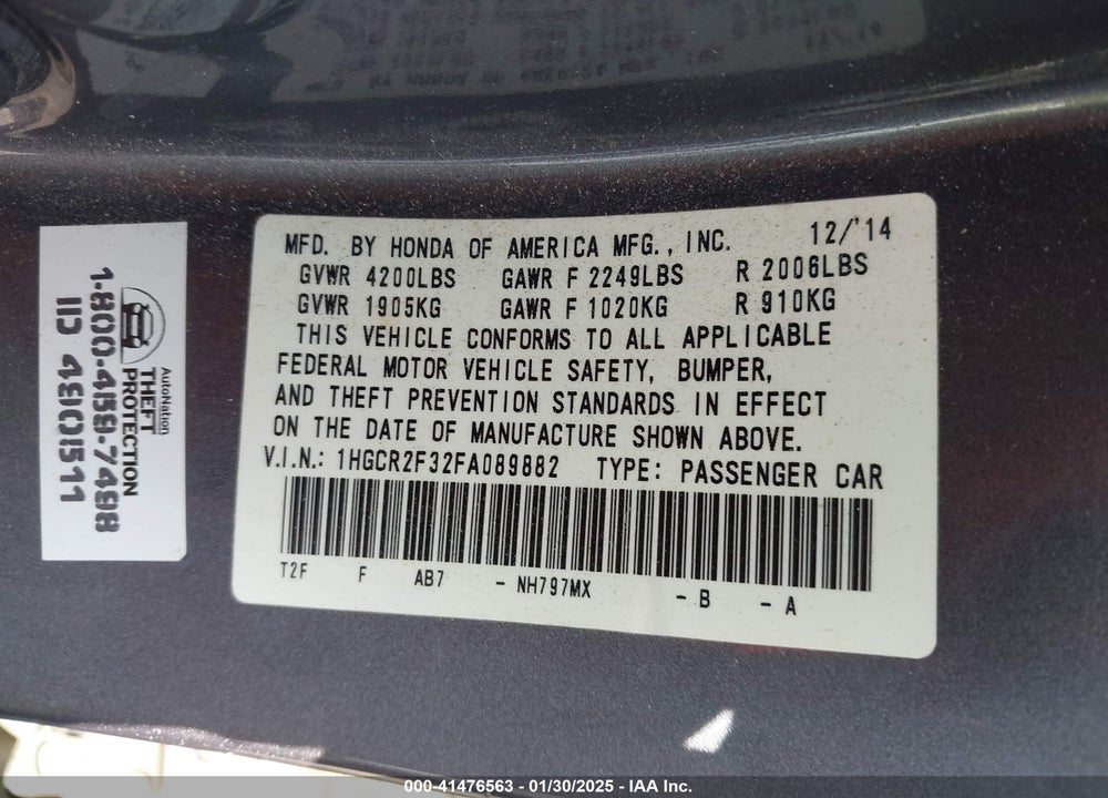 2015 HONDA ACCORD LX VIN: 1HGCR2F32FA089882