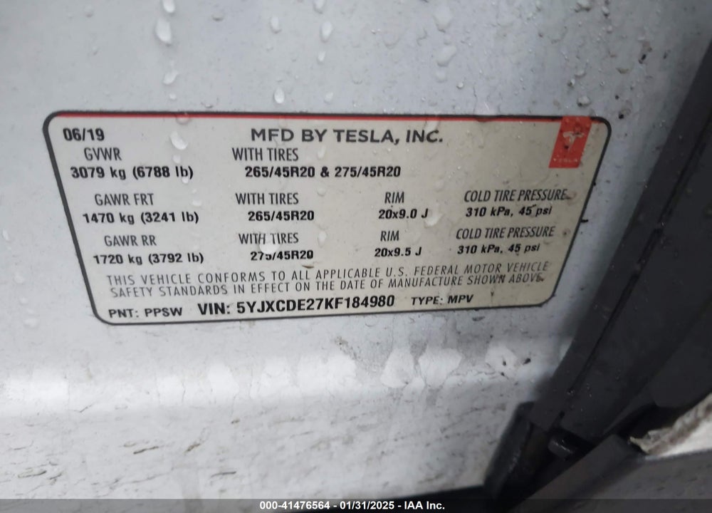 2019 TESLA MODEL X VIN: 5YJXCDE27KF184980