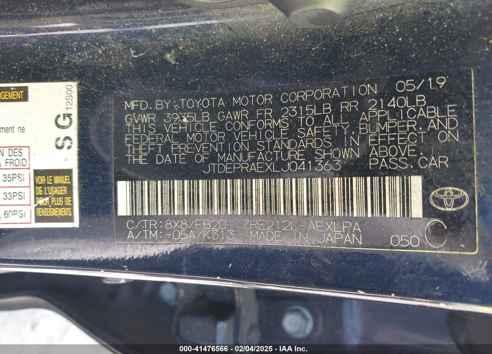 2020 TOYOTA COROLLA VIN: JTDEPRAEXLJ041363